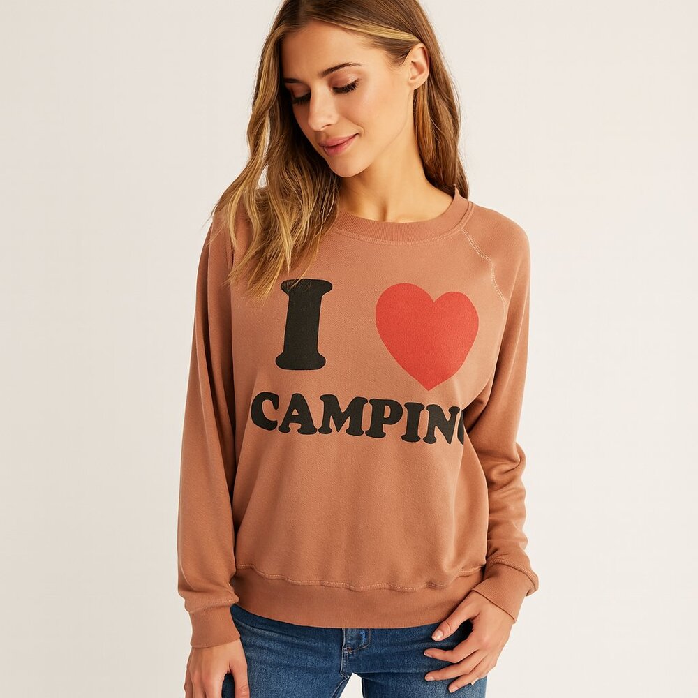 Wildfox I Love Camping Burnout Baggy Beach Jumper Orange Graphic Sweatshirt M